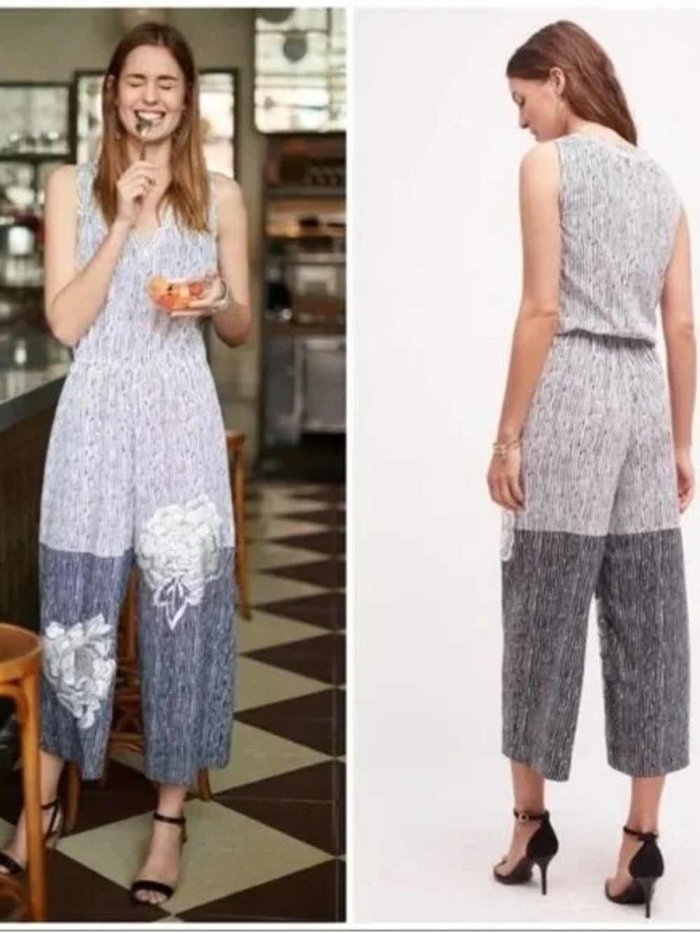 Rana Gill Anthropologie Embroidered Lotus Flower Crop Jumpsuit